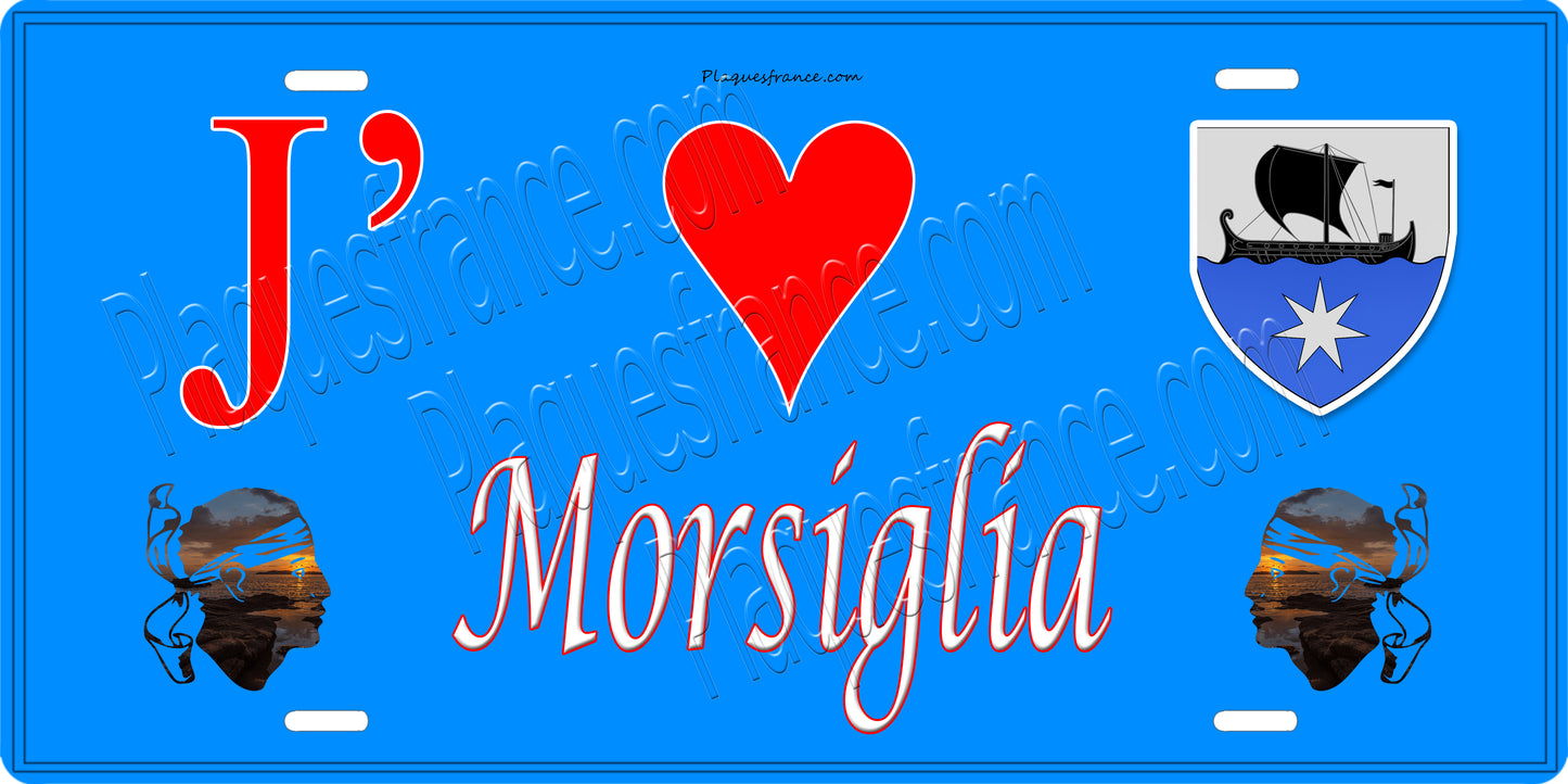 Plaque métal décorative 15 x 30 cm bleu J' ❤️ Morsiglia Canton du Cap Corse Haute-Corse