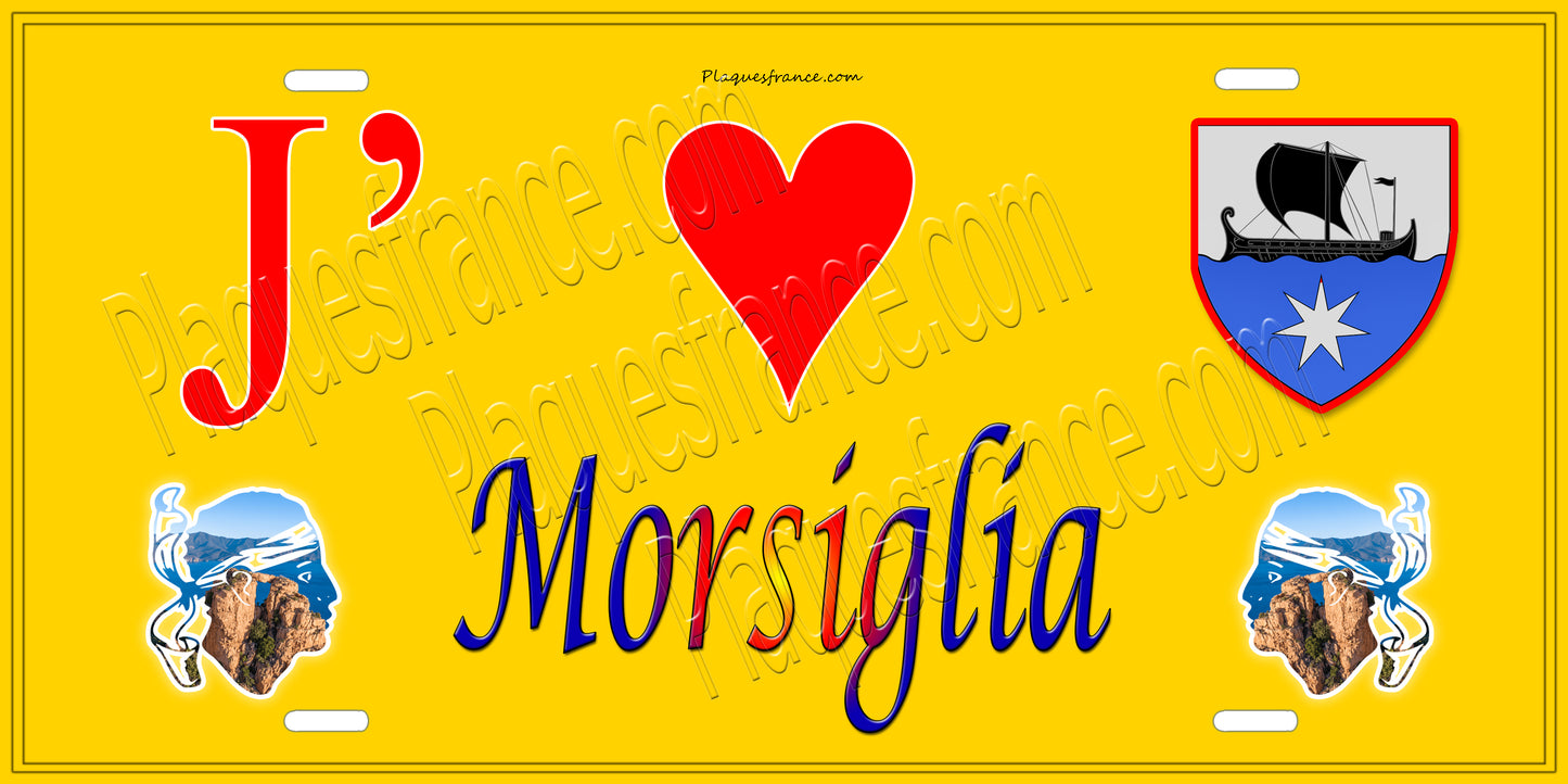 Plaque métal décorative 15 x 30 cm jaune J' ❤️ Morsiglia Canton du Cap Corse Haute-Corse