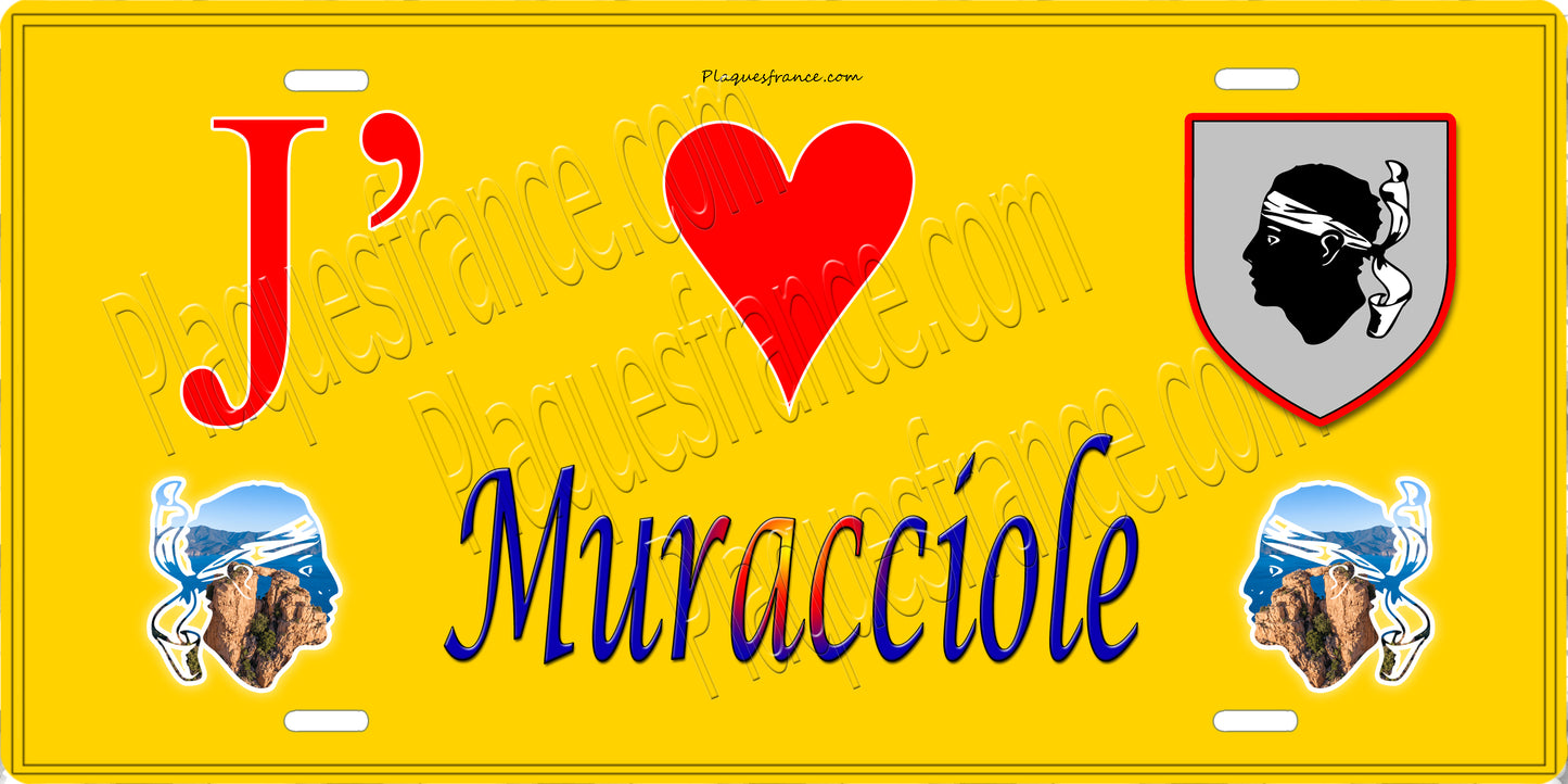 Plaque métal décorative 15 x 30 cm jaune J' ❤️ Muracciole Canton du Corte Haute-Corse