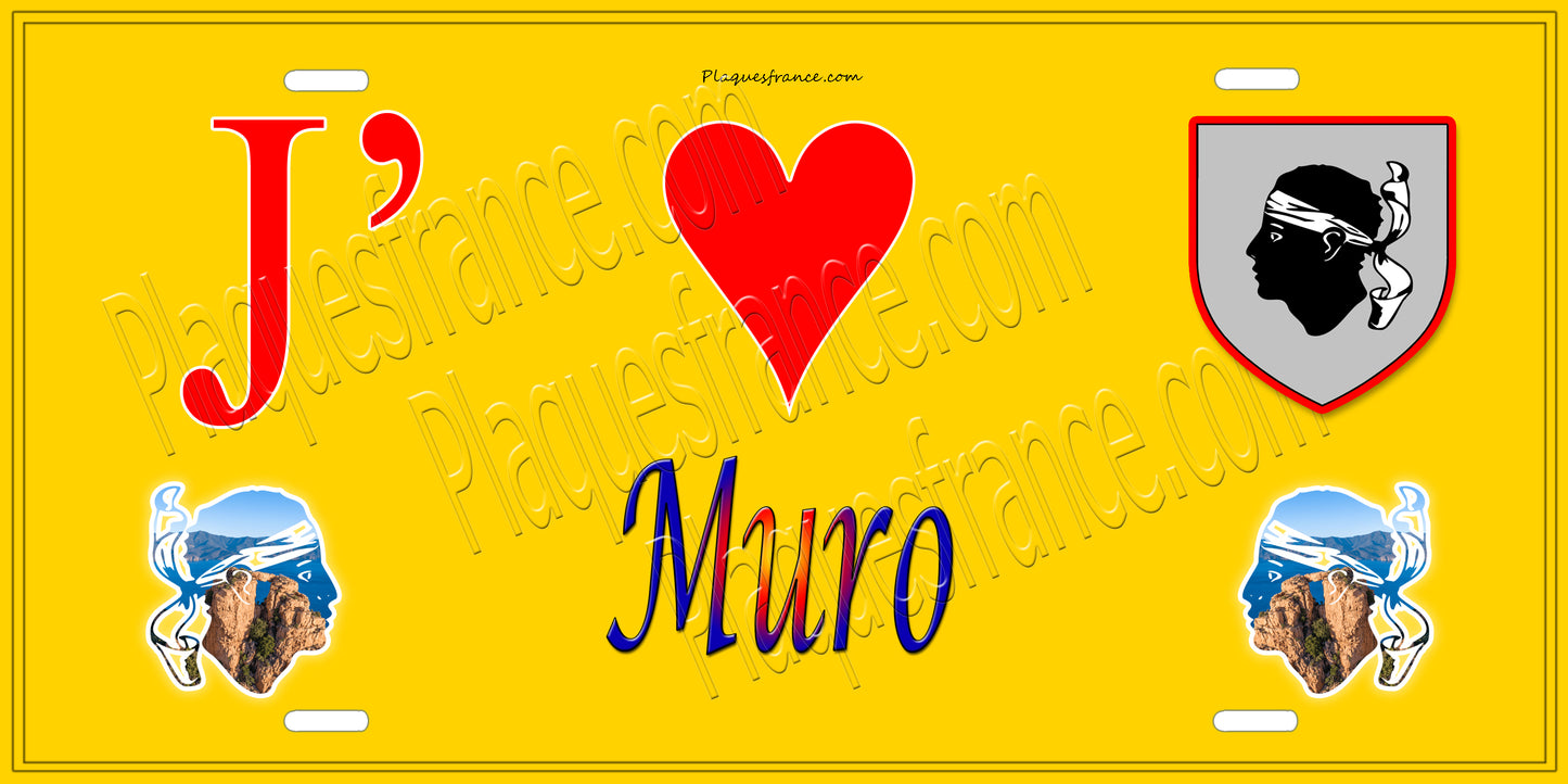 Plaque métal décorative 15 x 30 cm jaune J' ❤️ Muro Canton de l'Île-Rousse Haute-Corse
