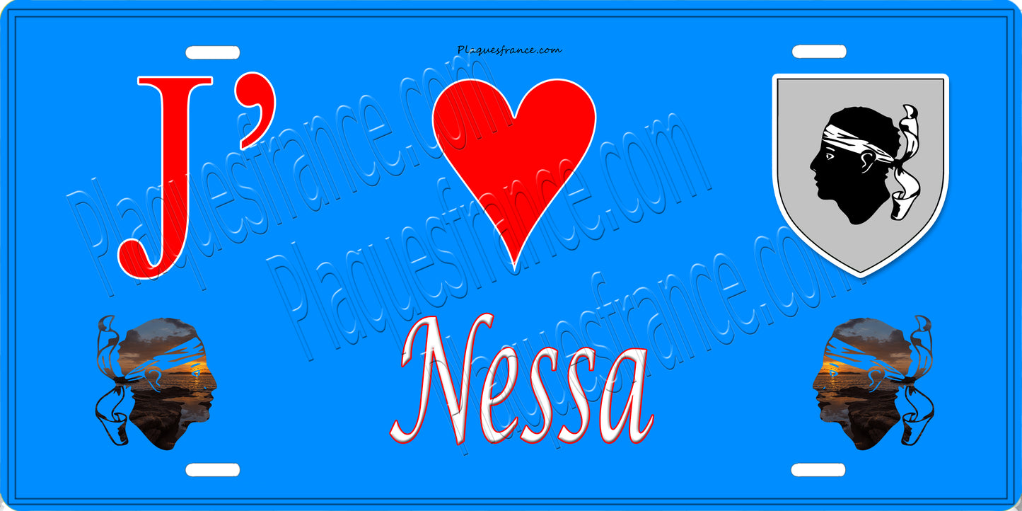 Plaque métal décorative 15 x 30 cm bleu J' ❤️ Nessa Canton de l'Île-Rousse Haute-Corse