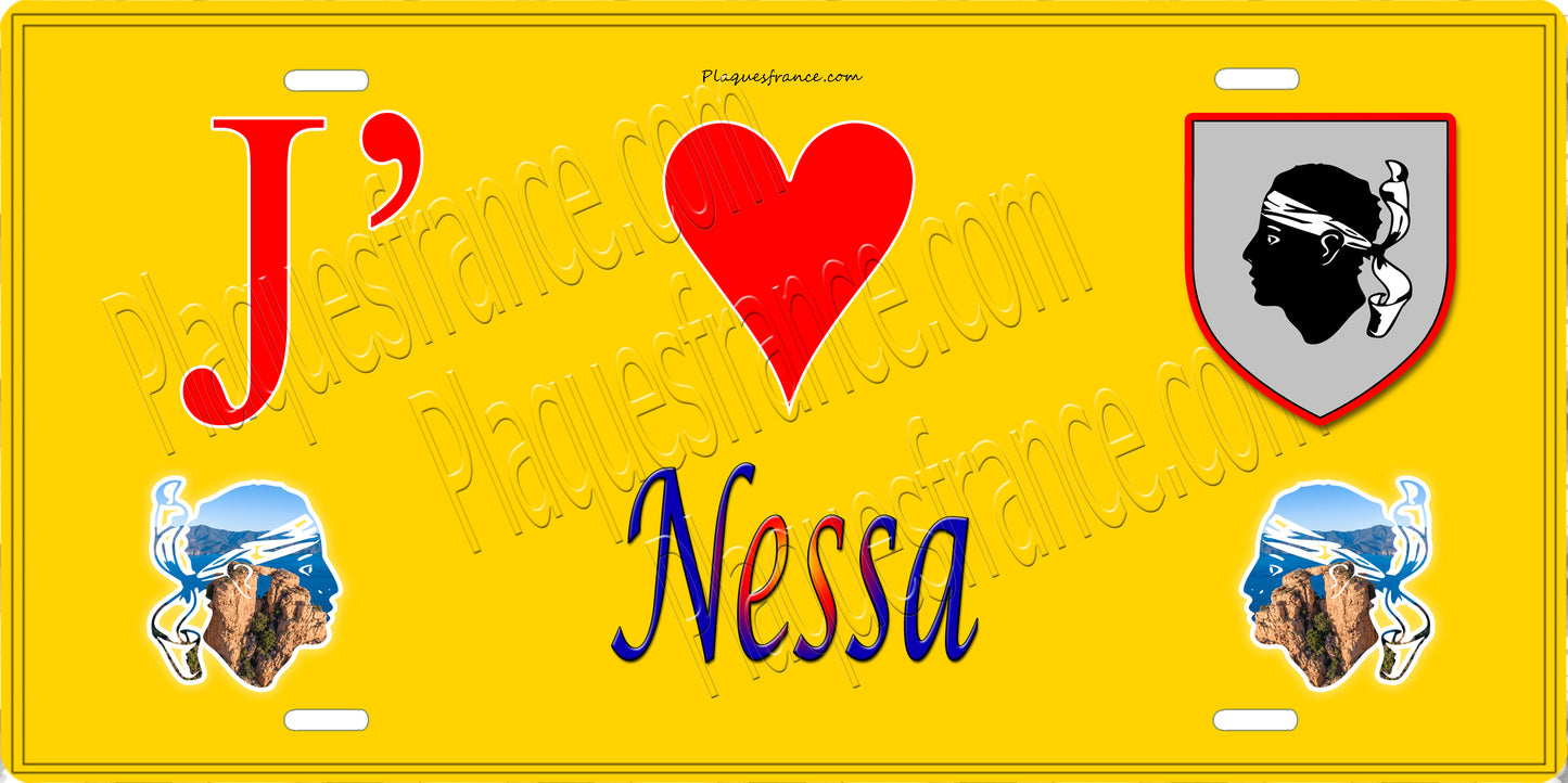 Plaque métal décorative 15 x 30 cm jaune J' ❤️ Nessa Canton de l'Île-Rousse Haute-Corse