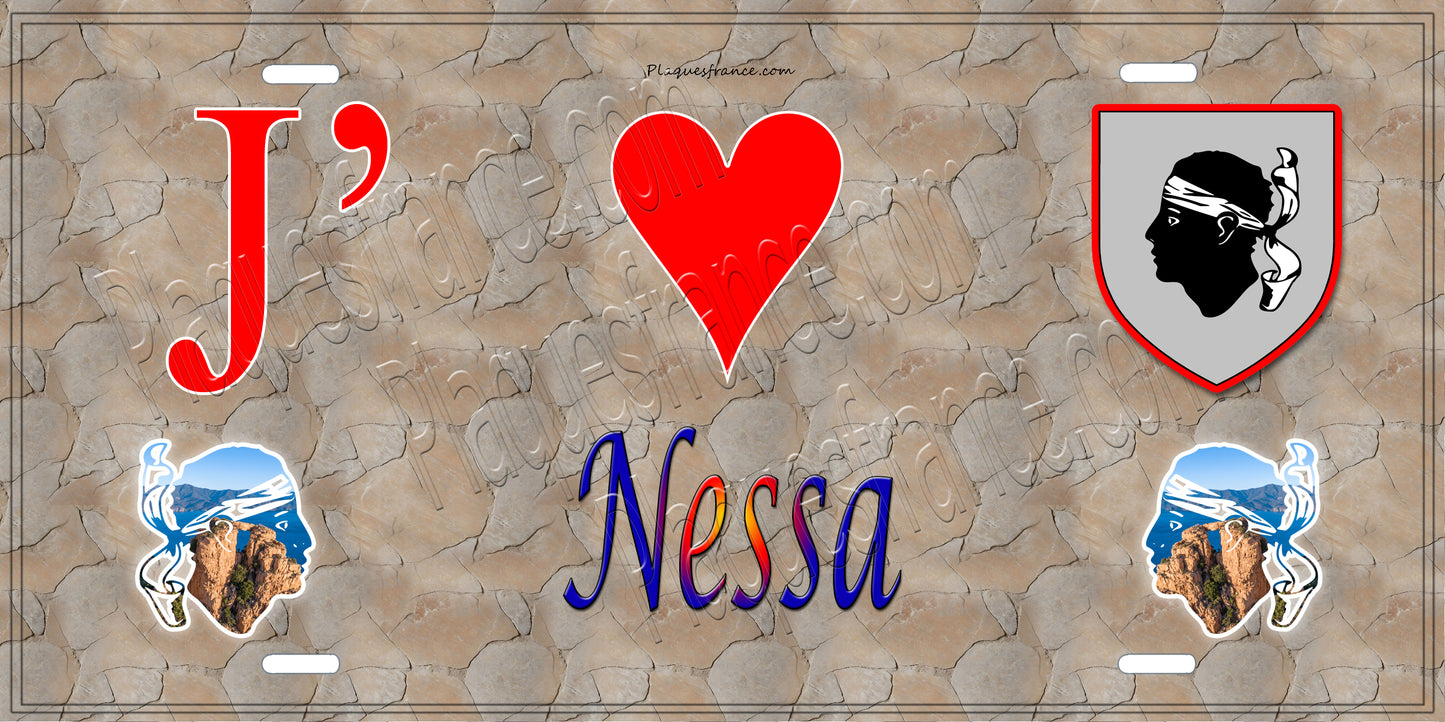 Plaque métal décorative 15 x 30 cm mur antique J' ❤️ Nessa Canton de l'Île-Rousse Haute-Corse