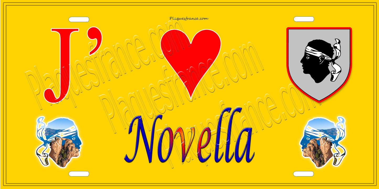 Plaque métal décorative 15 x 30 cm jaune J' ❤️ Novella Canton de l'Île-Rousse Haute-Corse