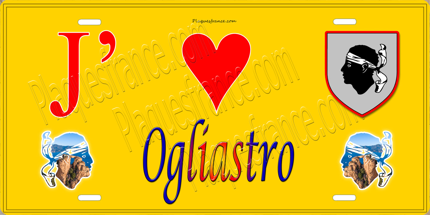 Plaque métal décorative 15 x 30 cm jaune J' ❤️ Ogliastro Canton du Cap Corse Haute-Corse