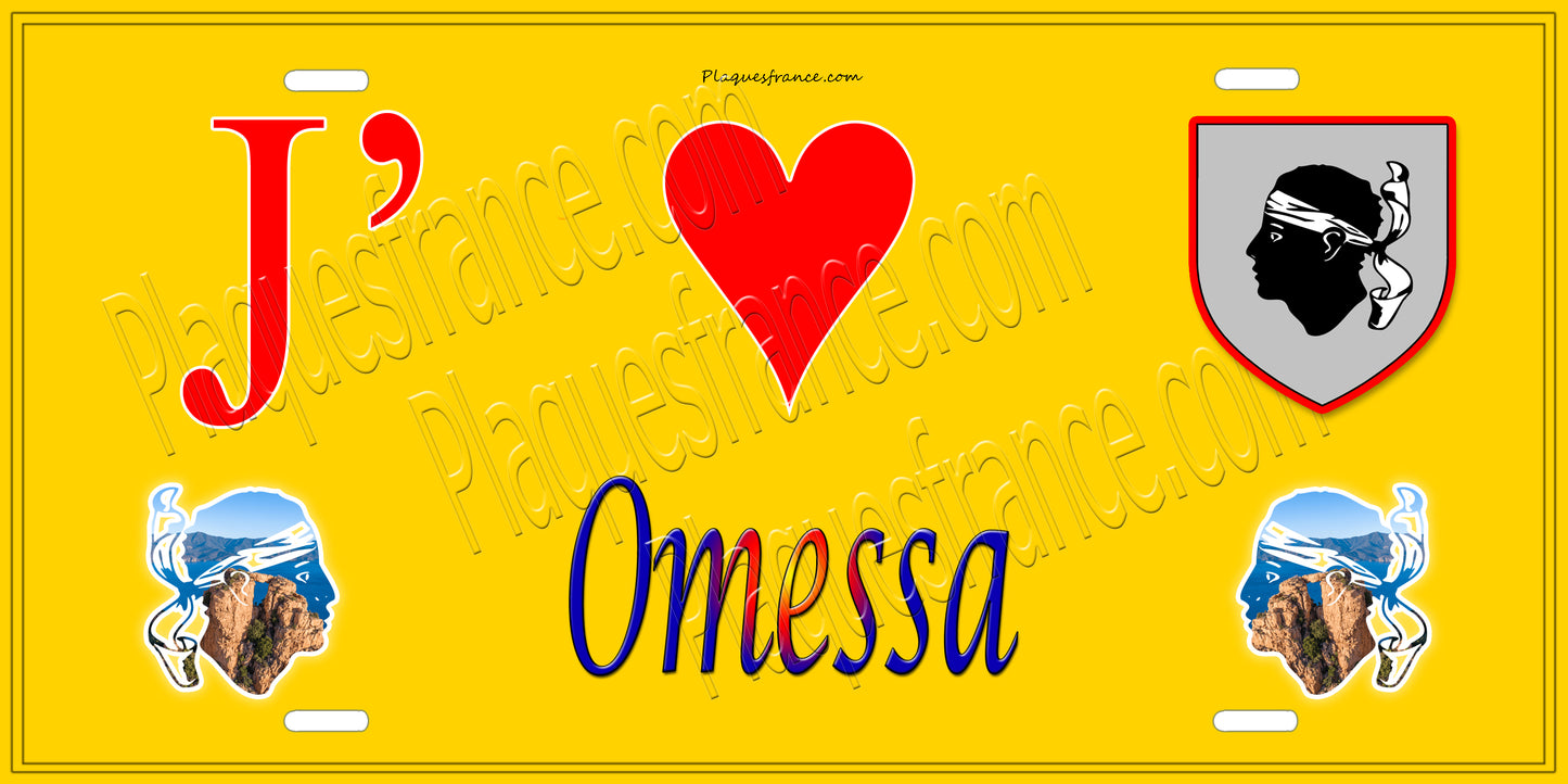 Plaque métal décorative 15 x 30 cm jaune J' ❤️ Omessa Canton de Golo-Morosaglia Haute-Corse