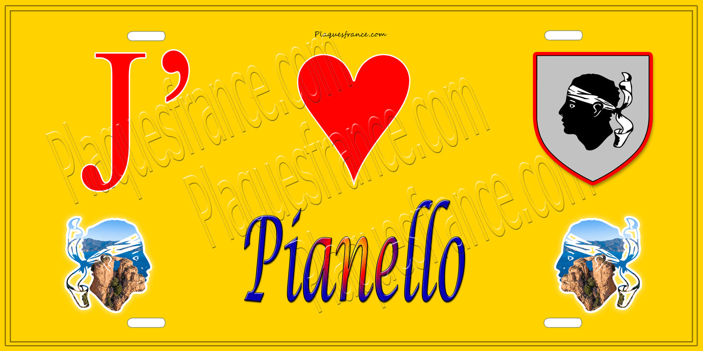 Plaque métal décorative 15 x 30 cm jaune J' ❤️ Pianello Canton de Ghisonaccia Haute-Corse