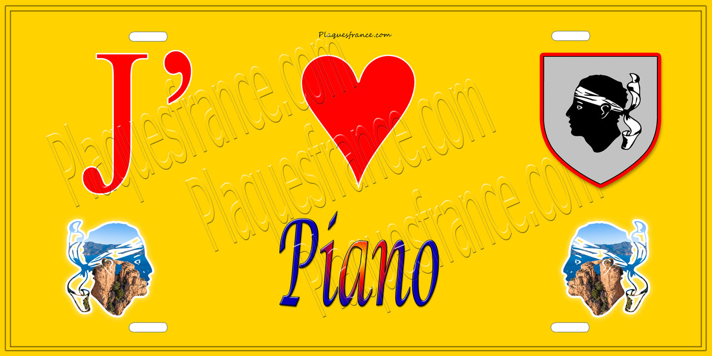 Plaque métal décorative 15 x 30 cm jaune J' ❤️ Piano Canton de Casinca-Fumalto Haute-Corse