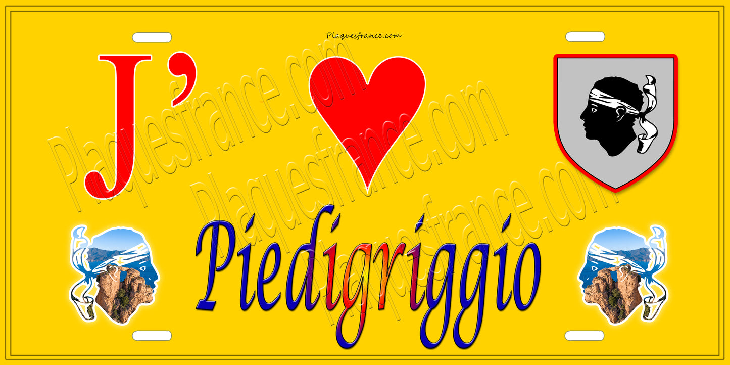 Plaque métal décorative 15 x 30 cm jaune J' ❤️ Piedigriggio Canton de la Golo-Morosaglia Haute-Corse