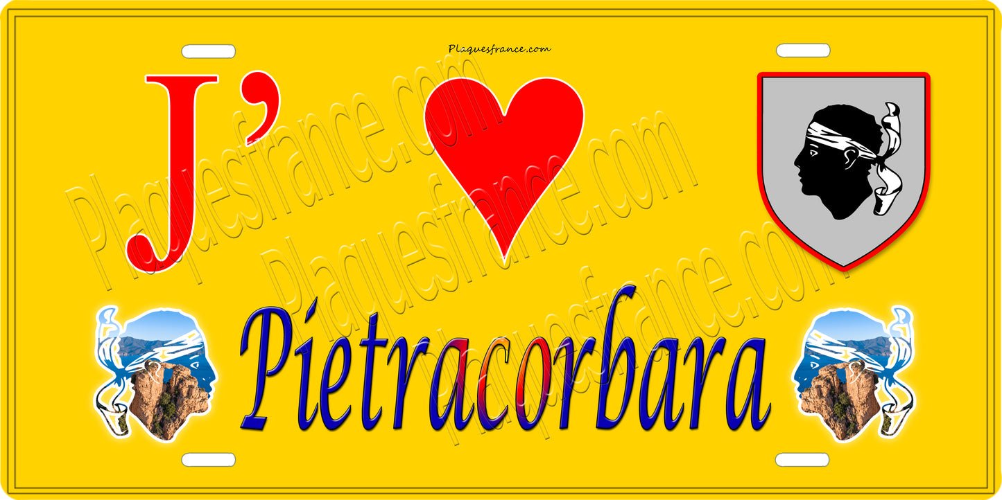 Plaque métal décorative 15 x 30 cm jaune J' ❤️ Pietracorbara Canton du Cap Corse Haute-Corse