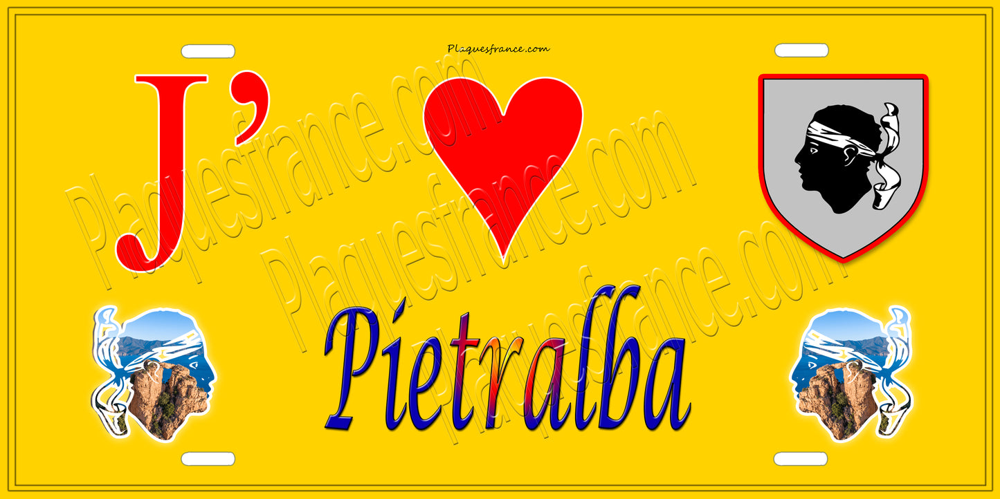 Plaque métal décorative 15 x 30 cm jaune J' ❤️ Pietralba Canton de Golo-Morosaglia Haute-Corse
