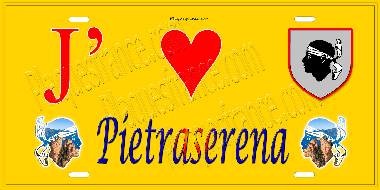 Plaque métal décorative 15 x 30 cm jaune J' ❤️ Pietraserena Canton de Ghisonaccia Haute-Corse