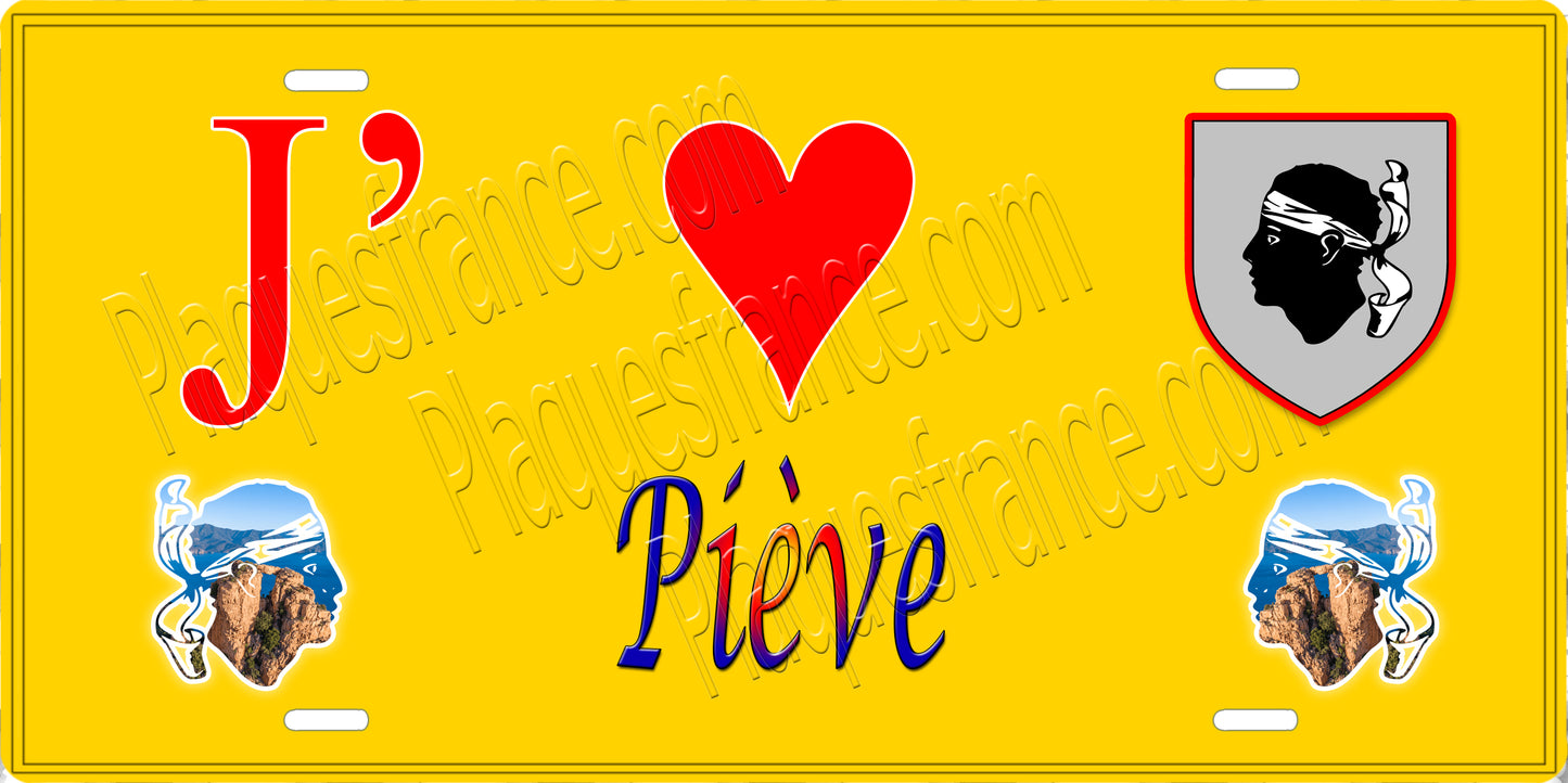 Plaque métal décorative 15 x 30 cm jaune J' ❤️ Piève Canton de Biguglia-Nebbio Haute-Corse