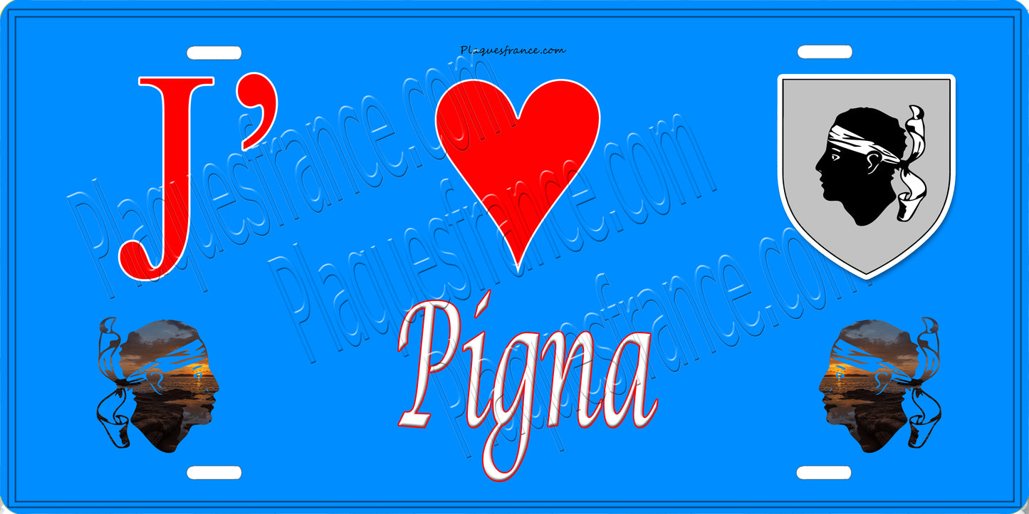 Plaque métal décorative 15 x 30 cm bleu J' ❤️ Pigna Canton de l'Île-Rousse Haute-Corse