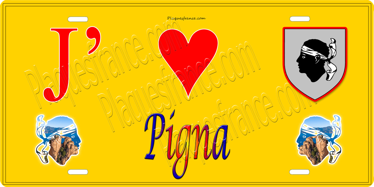 Plaque métal décorative 15 x 30 cm jaune J' ❤️ Pigna Canton de l'Île-Rousse Haute-Corse