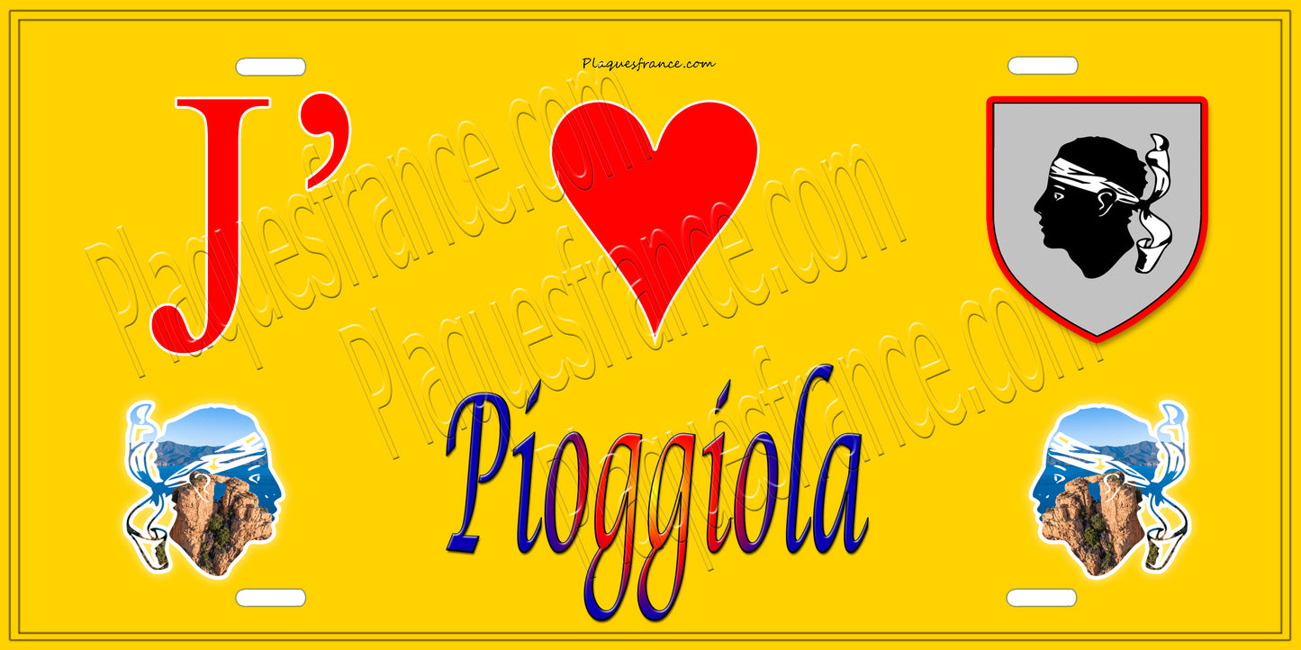 Plaque métal décorative 15 x 30 cm jaune J' ❤️ Pioggiola Canton de l'Île-Rousse Haute-Corse
