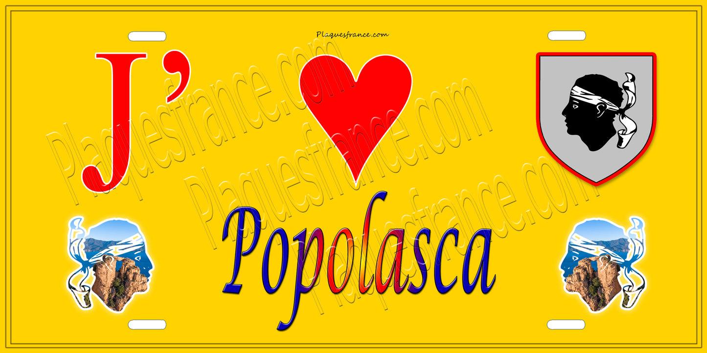 Plaque métal décorative 15 x 30 cm jaune J' ❤️ Popolasca Canton de Golo-Morosaglia Haute-Corse
