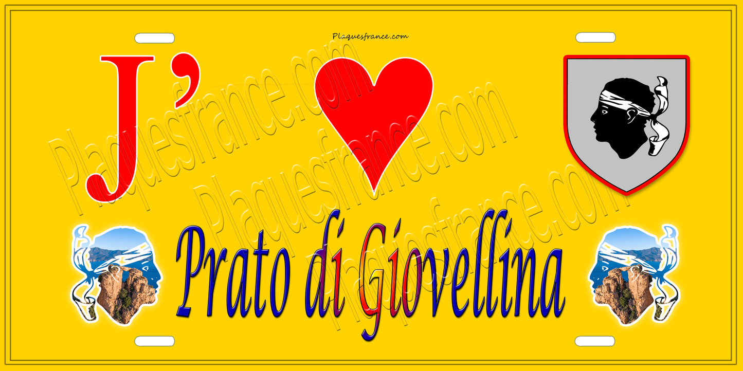Plaque métal décorative 15 x 30 cm jaune J' ❤️ Prato-di-Giovellina Canton de Golo-Morosaglia Haute-Corse