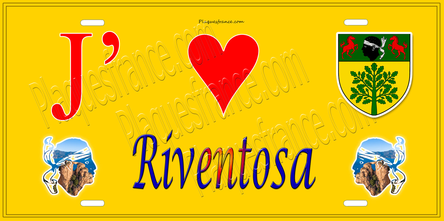 Plaque métal décorative 15 x 30 cm jaune J' ❤️ Riventosa Canton de Corte Haute-Corse