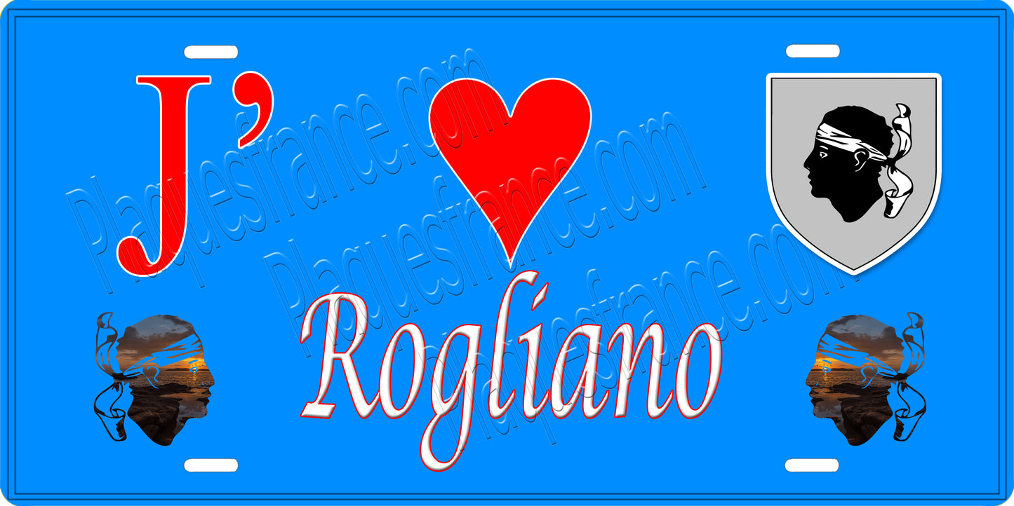 Plaque métal décorative 15 x 30 cm bleu J' ❤️ Rogliano Canton de Cap Corse Haute-Corse