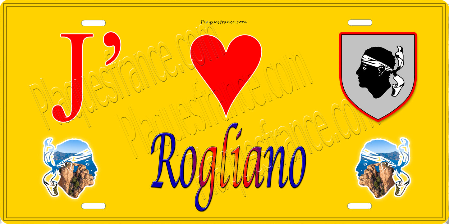 Plaque métal décorative 15 x 30 cm jaune J' ❤️ Rogliano Canton de Cap Corse Haute-Corse