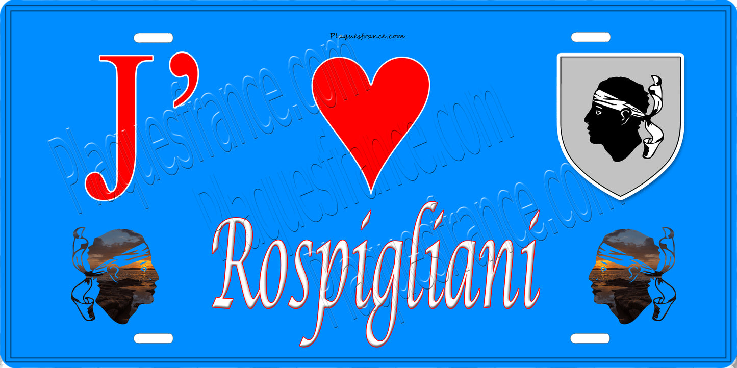 Plaque métal décorative 15 x 30 cm bleu J' ❤️ Rospigliani Canton de Fiumorbo-Castello Haute-Corse