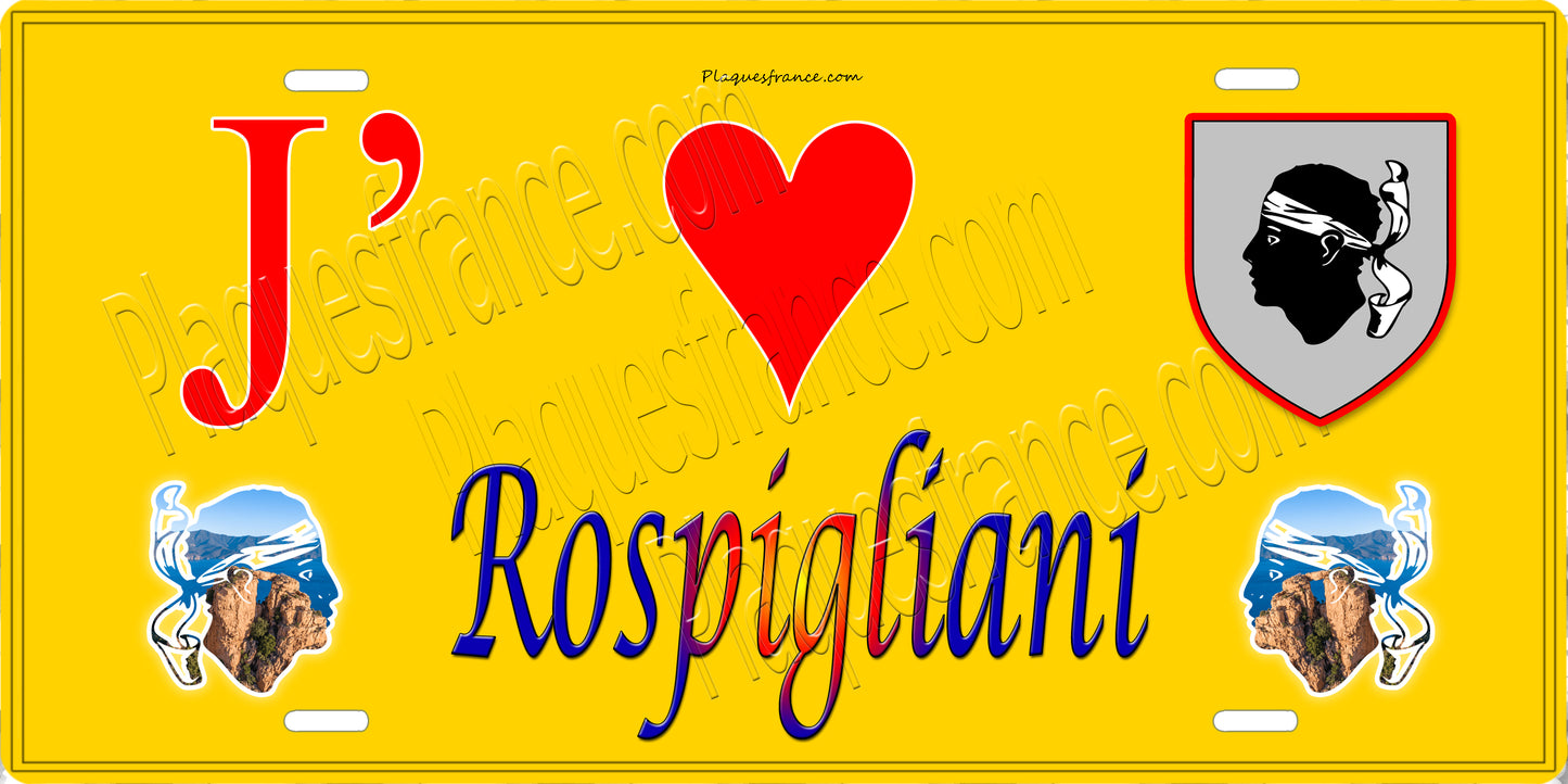 Plaque métal décorative 15 x 30 cm jaune J' ❤️ Rospigliani Canton de Fiumorbo-Castello Haute-Corse
