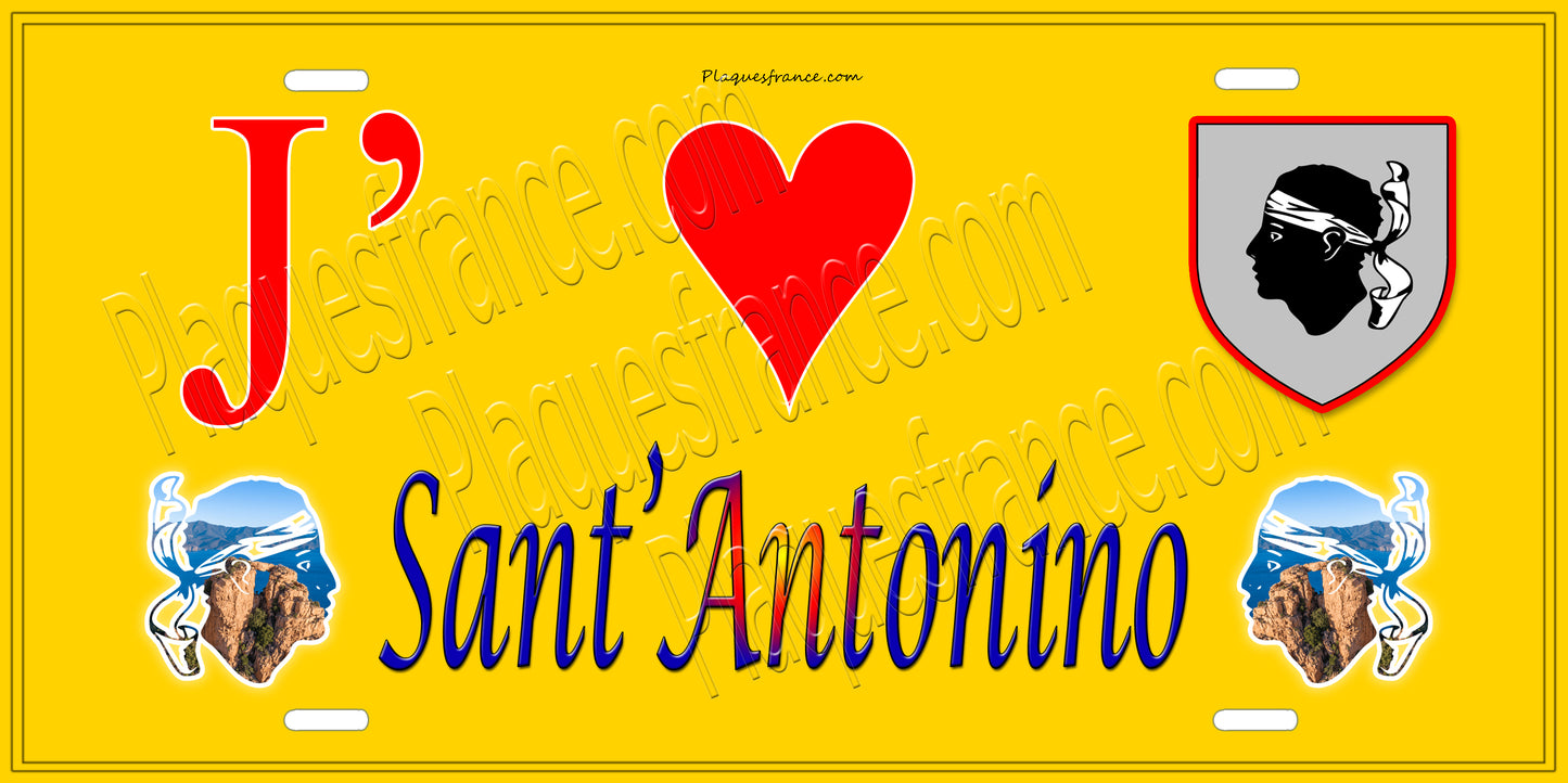 Plaque métal décorative 15 x 30 cm jaune J' ❤️ Sant'Antonino Canton de Calvi Haute-Corse