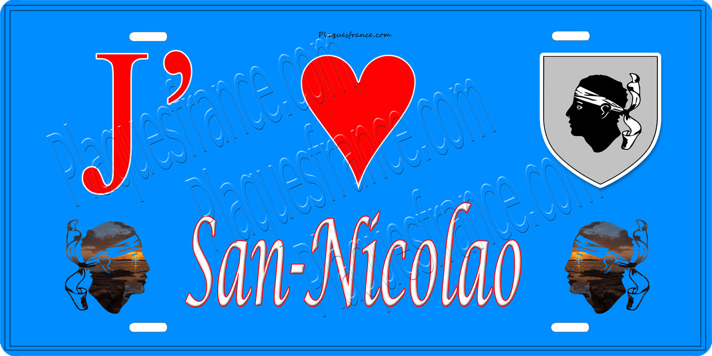 Plaque métal décorative 15 x 30 cm bleu J' ❤️San-Nicolao Canton du Cap Corse Haute-Corse
