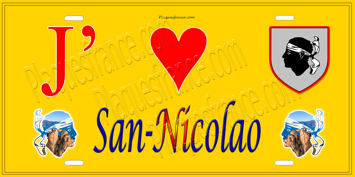 Plaque métal décorative 15 x 30 cm jaune J' ❤️San-Nicolao Canton du Cap Corse Haute-Corse