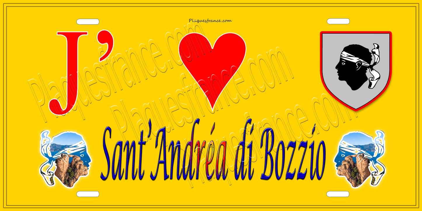 Plaque métal décorative 15 x 30 cm jaune J' ❤️ Sant'Andréa-di-Bozio Canton de Golo-Morosaglia Haute-Corse