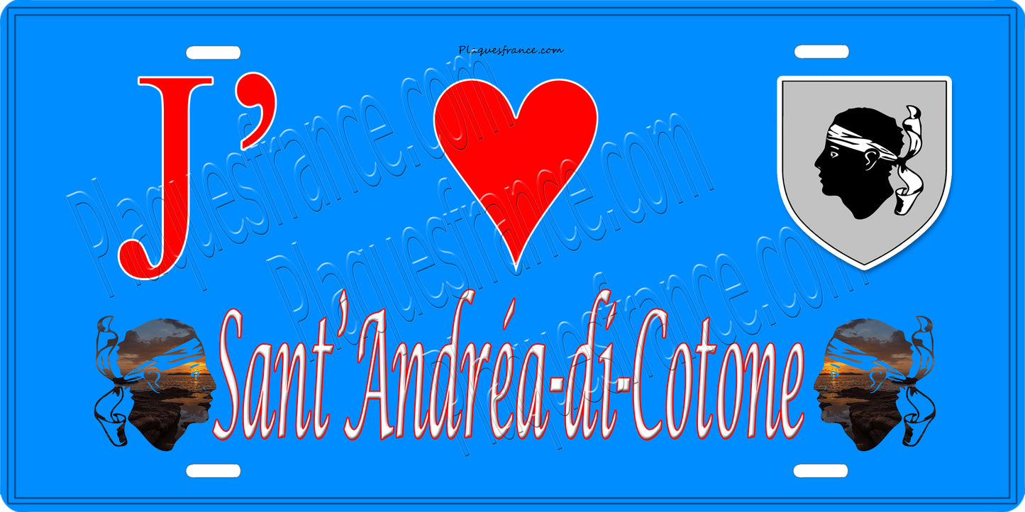 Plaque métal décorative 15 x 30 cm bleu J' ❤️ Sant'Andréa-di-Cotone Canton de la Castagniccia Haute-Corse