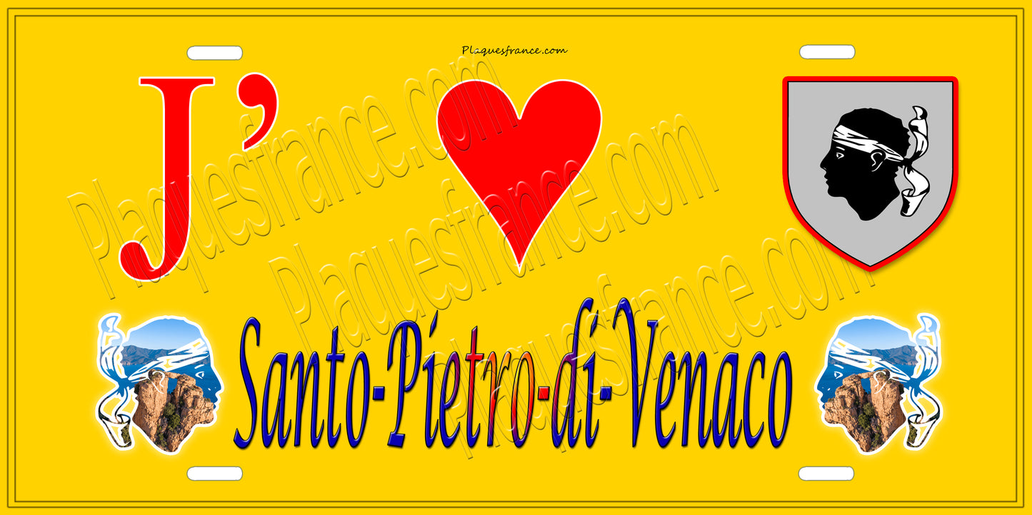 Plaque métal décorative 15 x 30 cm jaune J' ❤️ Santo-Pietro-di-Venaco Canton de Corte Haute-Corse