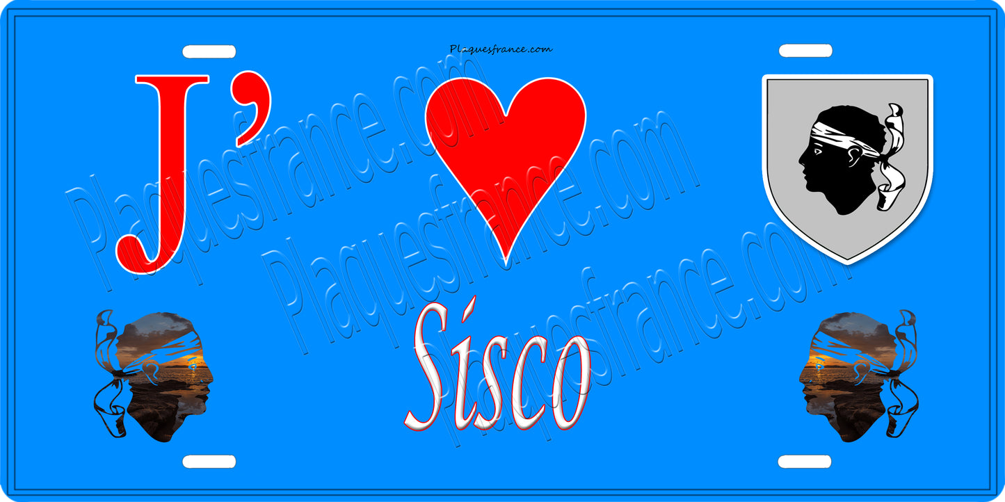 Plaque métal décorative 15 x 30 cm bleu J' ❤️ Sisco Canton du Cap Corse Haute-Corse