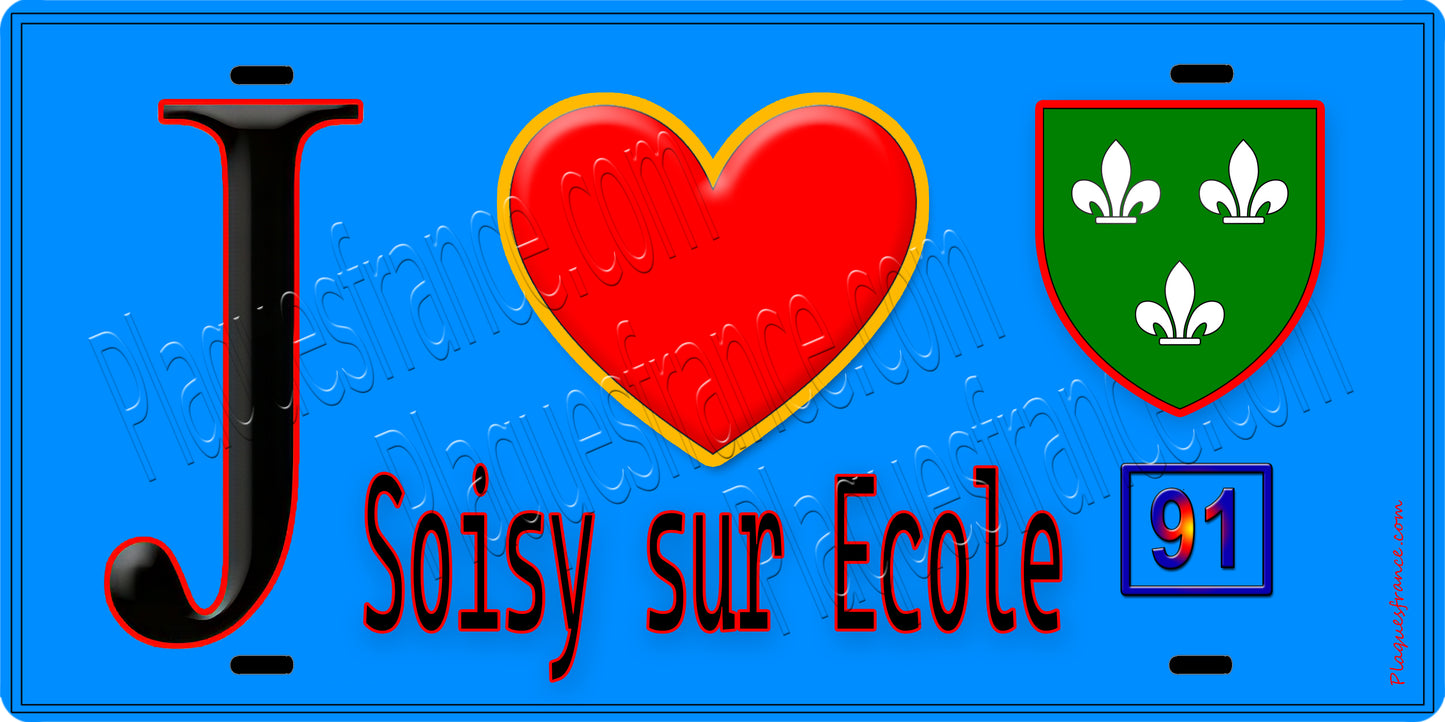 Plaque métal décorative J' ❤️Soisy-sur-École, Essonne (91) fond bleu