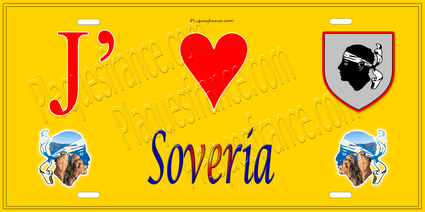 Plaque métal décorative 15 x 30 cm jaune J' ❤️ Soveria Canton de Golo-Morosaglia Haute-Corse