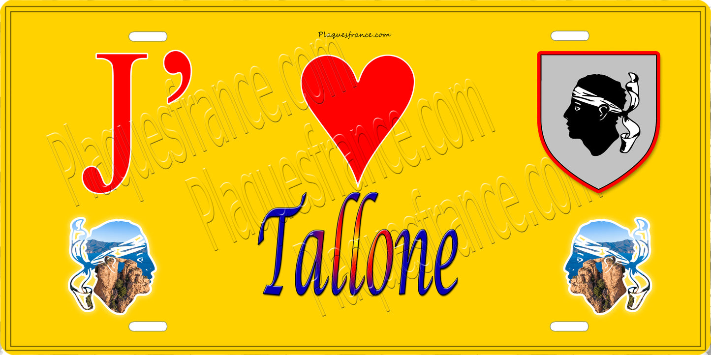 Plaque métal décorative 15 x 30 cm jaune J' ❤️ Tallone Canton de Ghisonaccia Haute-Corse