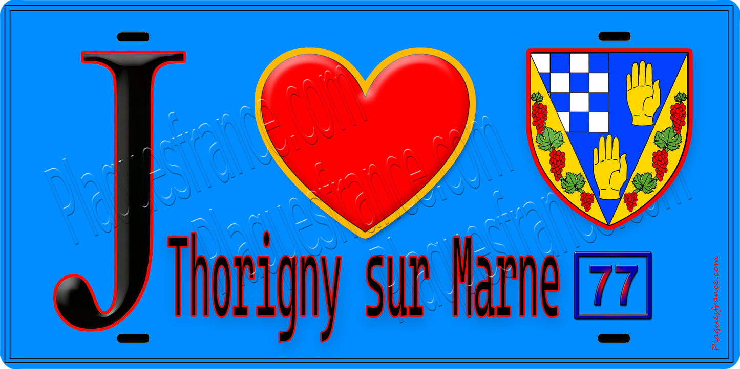 Plaque métal décorative J' ❤️Thorigny-sur-Marne, Seine et Marne (77) fond bleu