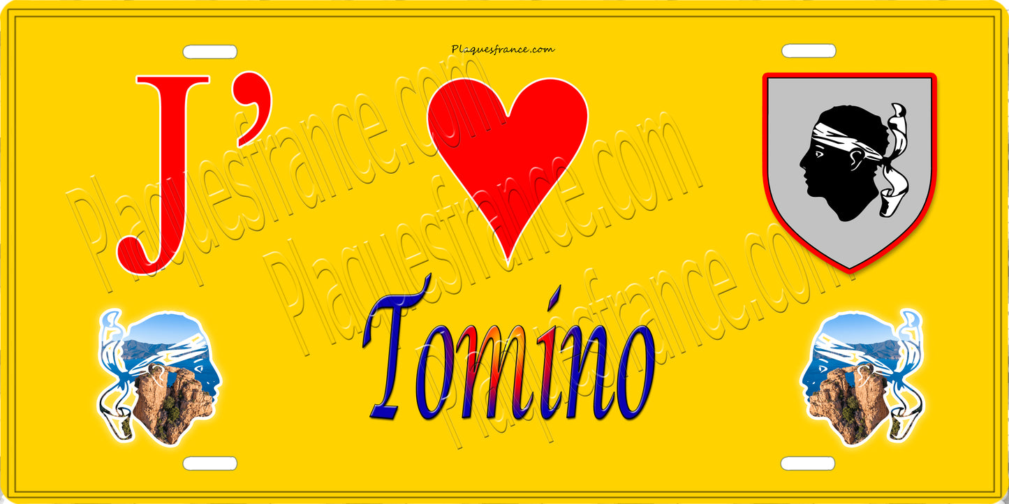 Plaque métal décorative 15 x 30 cm jaune J' ❤️ Tomino Canton du Cap Corse Haute-Corse