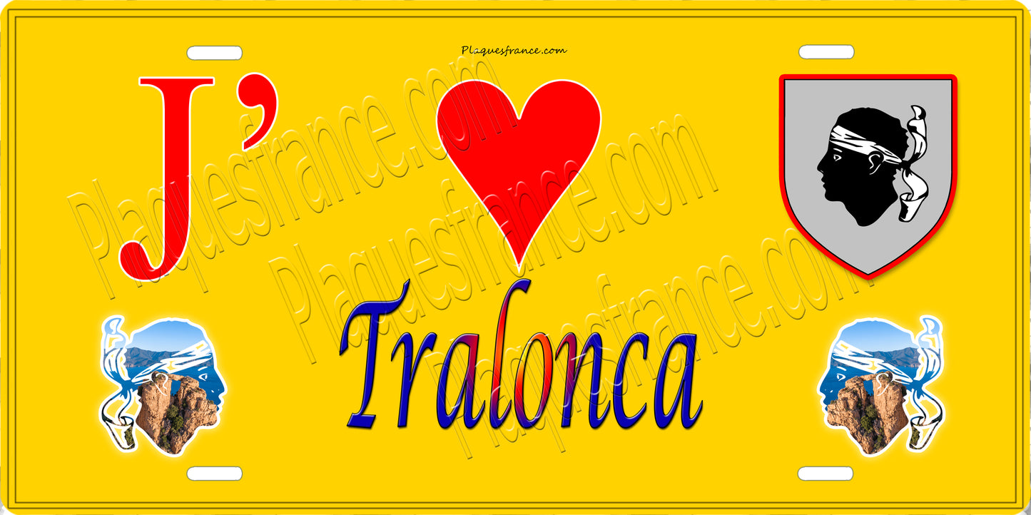Plaque métal décorative 15 x 30 cm jaune J' ❤️ Tralonca Canton de Golo-Morosaglia Haute-Corse