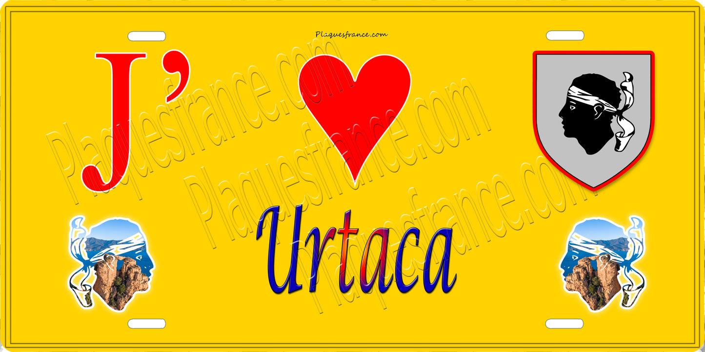Plaque métal décorative 15 x 30 cm jaune J' ❤️ Urtaca Canton de l'Île-Rousse Haute-Corse