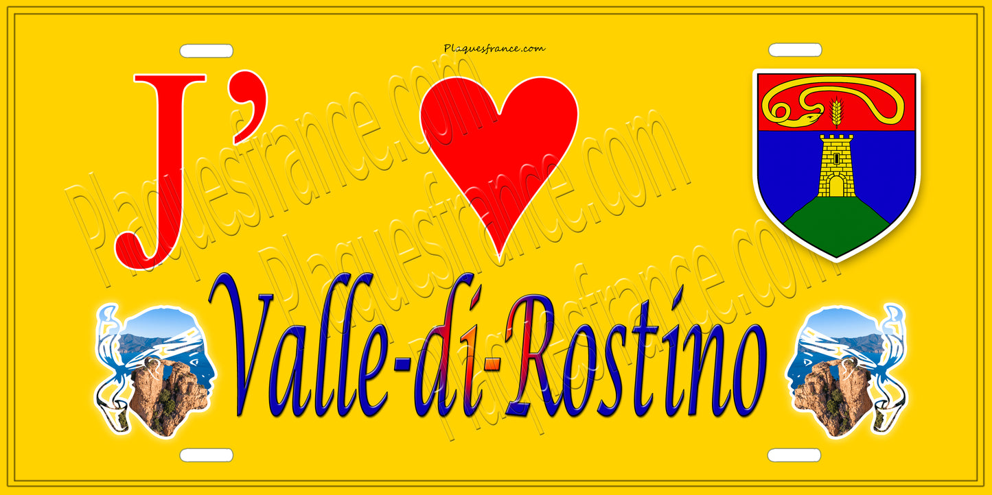 Plaque métal décorative 15 x 30 cm jaune J' ❤️ Valle-di-Rostino Canton de Golo-Morosaglia Haute-Corse