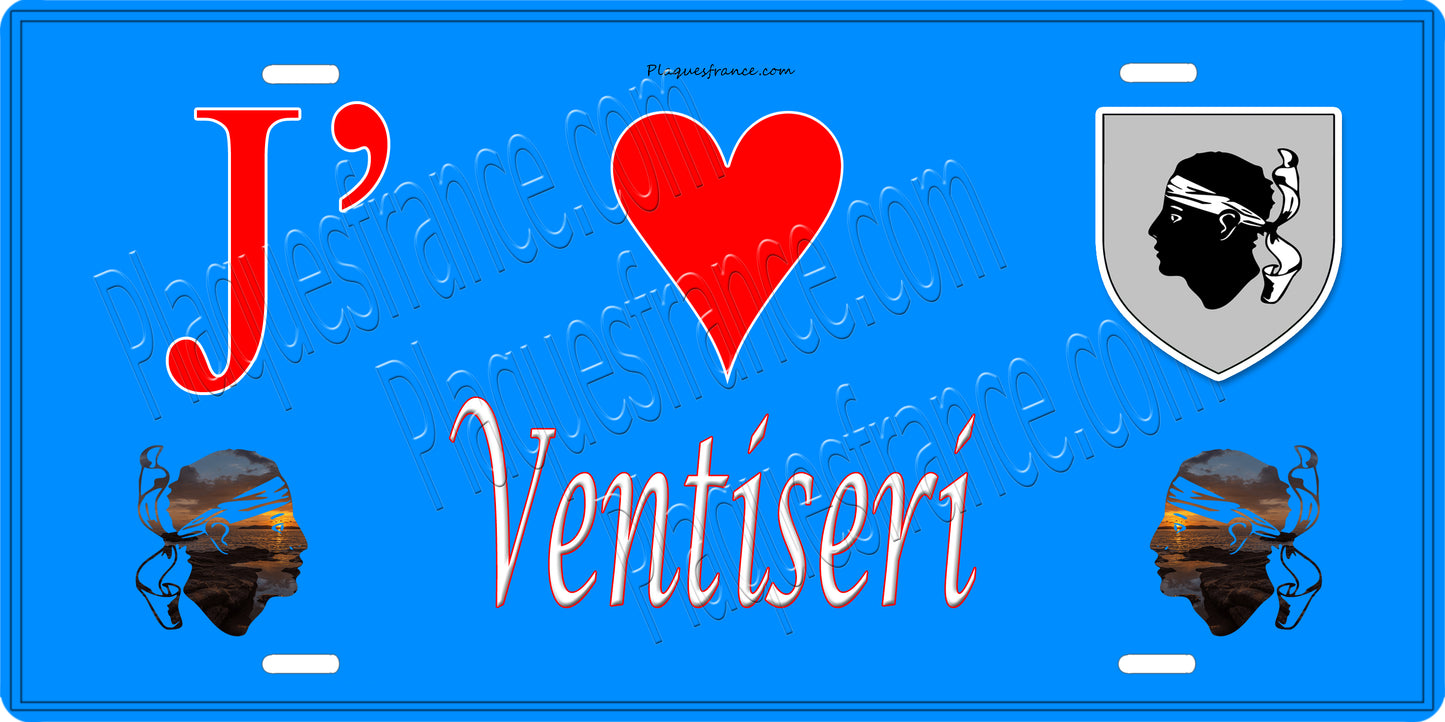 Plaque métal décorative 15 x 30 cm bleu J' ❤️ Ventiseri Canton de Canton de Fiumorbo-Castello Haute-Corse