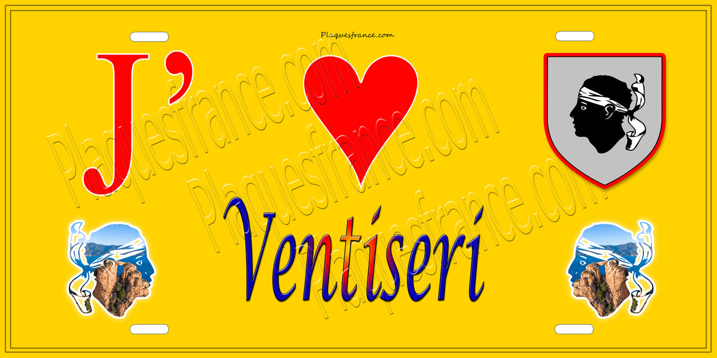 Plaque métal décorative 15 x 30 cm jaune J' ❤️ Ventiseri Canton de Canton de Fiumorbo-Castello Haute-Corse