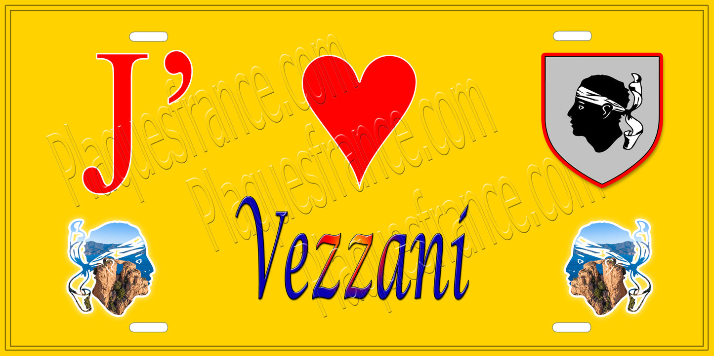 Plaque métal décorative 15 x 30 cm jaune J' ❤️ Vezzani Canton de Fiumorbo-Castello-Corse