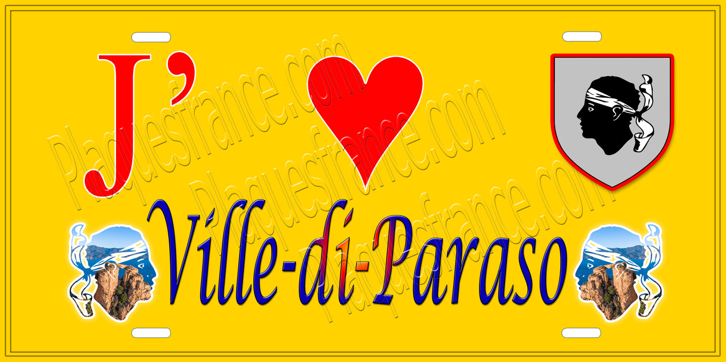 Plaque métal décorative 15 x 30 cm jaune J' ❤️ Ville-di-Paraso Canton de l'Île-Rousse-Corse