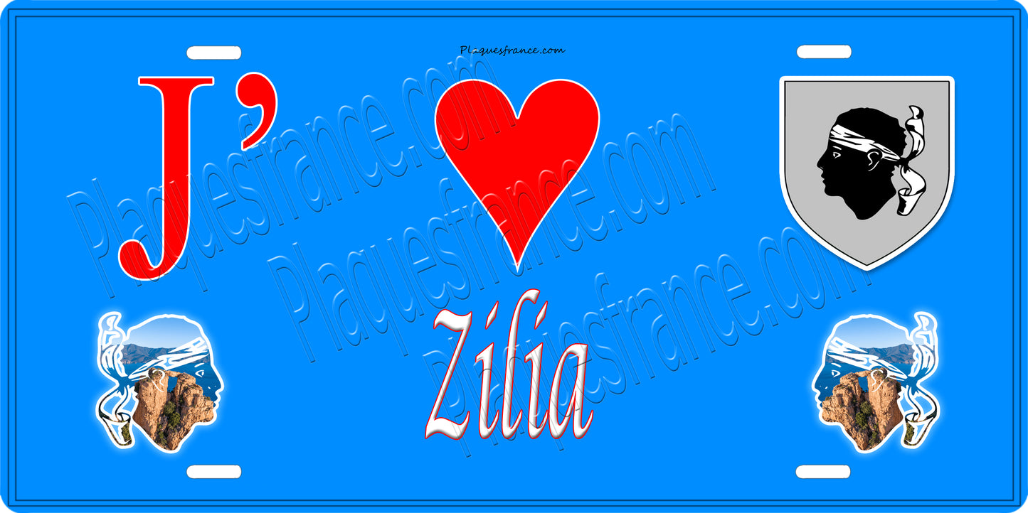Plaque métal décorative 15 x 30 cm bleu J' ❤️ Zilia Canton de Calvi Haute Corse