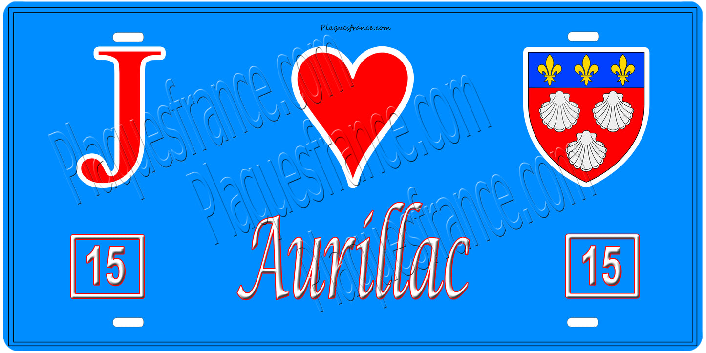 Plaque métal décorative, J' ❤️Aurillac, Cantal (15)