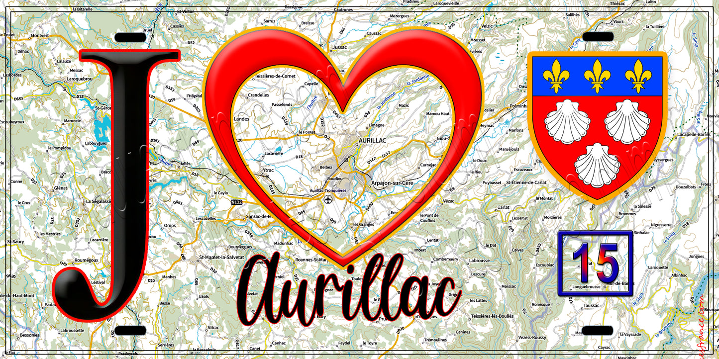 Plaque métal décorative, J' ❤️Aurillac, Cantal (15) fond carte