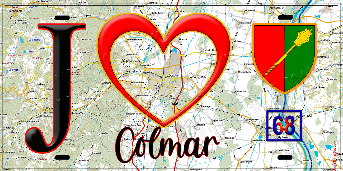Plaque métal décorative, J' ❤️Colmar, Haut Rhin (68) fond carte